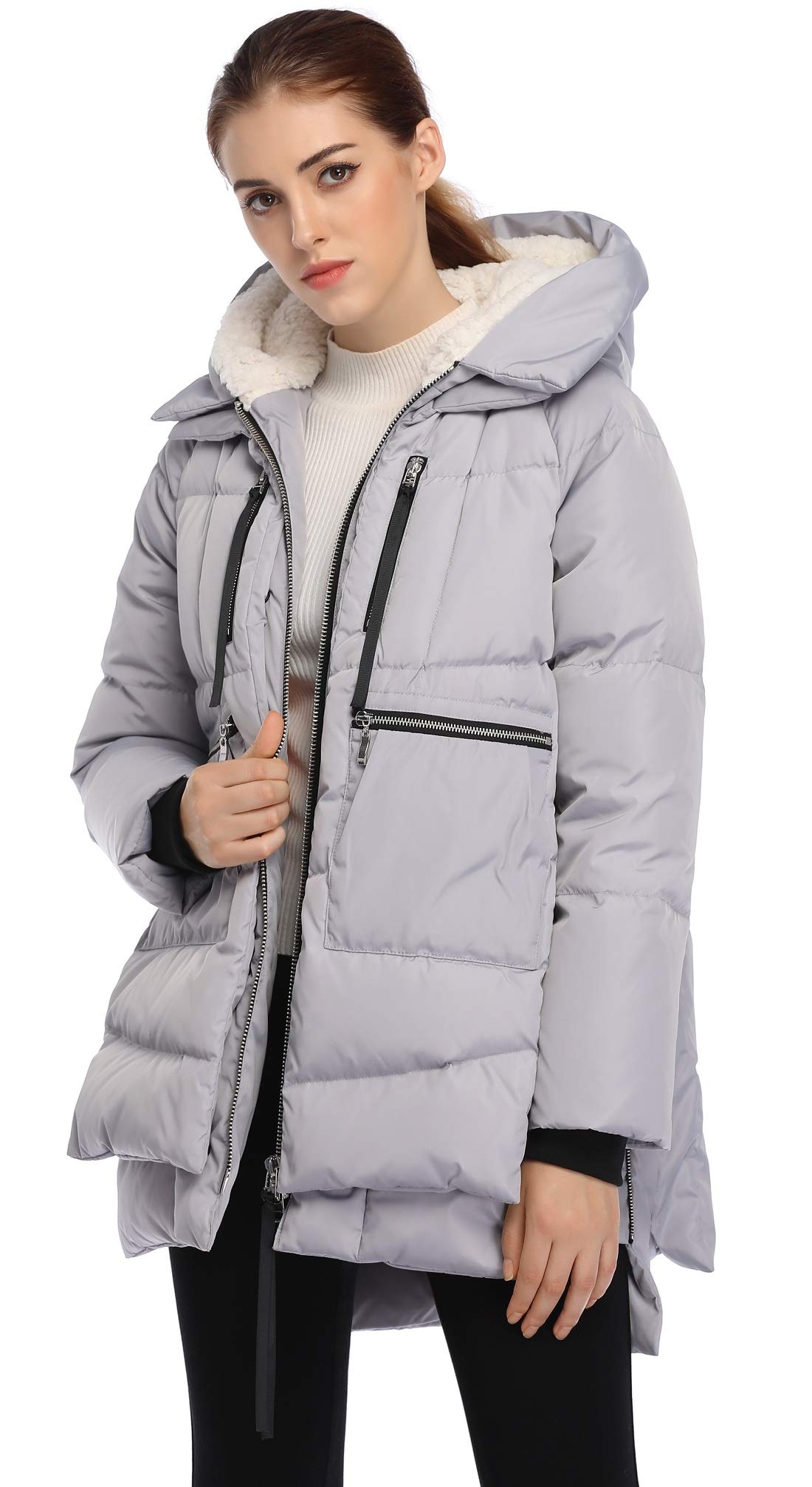 FADSHOW Women's Winter Thickened Down Jackets Long Down Coats Warm Parka with Hood,Grey,S