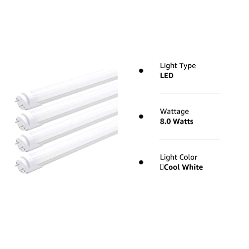 KALINA 2FT LED Tube Lights, 8W (25W Fluorescent Bulb Replacement), 6000K Cool White, Ballast Bypass, Frosted Cover, Pack of 4