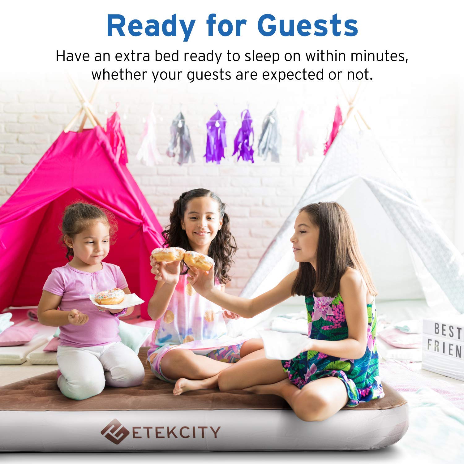 Etekcity Camping Air Mattress, Inflatable Mattress Air Bed Queen Twin with Rechargeable Pump, Leak-Proof Blow Up Mattress Raised Airbed , Height 9", Storage Bag , Brown