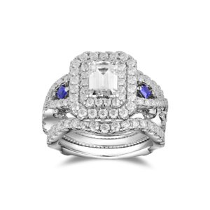 DovEggs 3.2ct Total 5x7mm GHI Emerald Cut Moissanite Antqiue Double Halo Engagement Ring Moissanite&Blue Sapphire Accents Curved Enhancer Guard Wedding Ring Set 14k Gold Quality Sterling Silver(6)