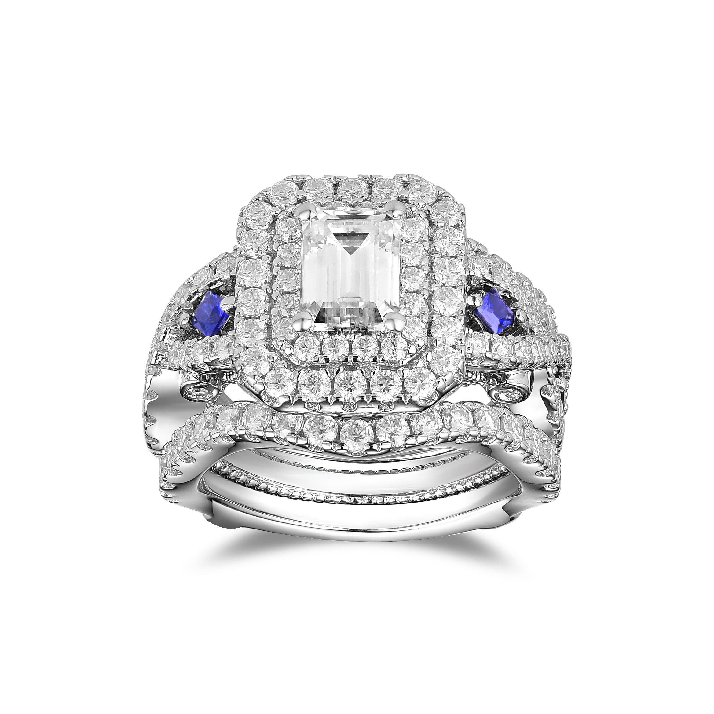 DovEggs 3.2ct Total 5x7mm GHI Emerald Cut Moissanite Antqiue Double Halo Engagement Ring Moissanite&Blue Sapphire Accents Curved Enhancer Guard Wedding Ring Set 14k Gold Quality Sterling Silver(6)