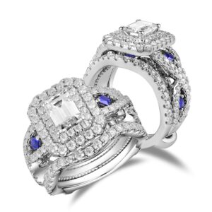 doveggs 3.2ct total 5x7mm ghi emerald cut moissanite antqiue double halo engagement ring moissanite&blue sapphire accents curved enhancer guard wedding ring set 14k gold quality sterling silver(6.5)