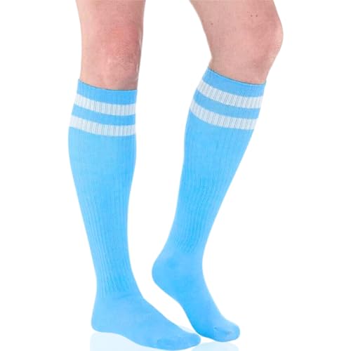 Light Blue Striped Knee Socks - Versatile One Size Fit - Ultimate Comfort & Style Socks Ideal For Athletics, Everyday Wear & Festive Parties - 1 Pair