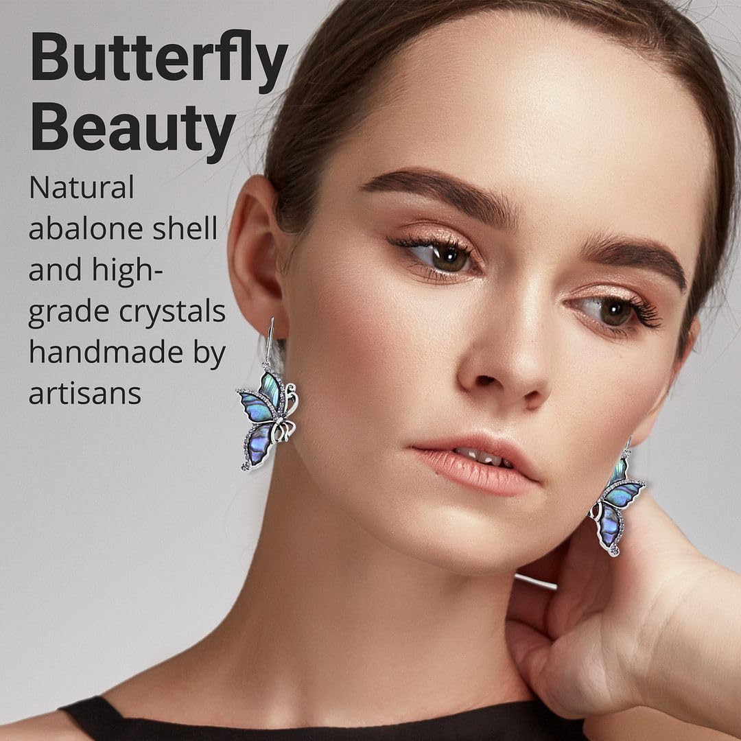 Shop LC Butterfly Dangle Earrings - Abalone Shell with Black Crystal Dangling Lever Back Earrings in Stainless Steel - Butterfly Wing Drop Leverback Earrings for Women Jewelry Birthday Gifts for