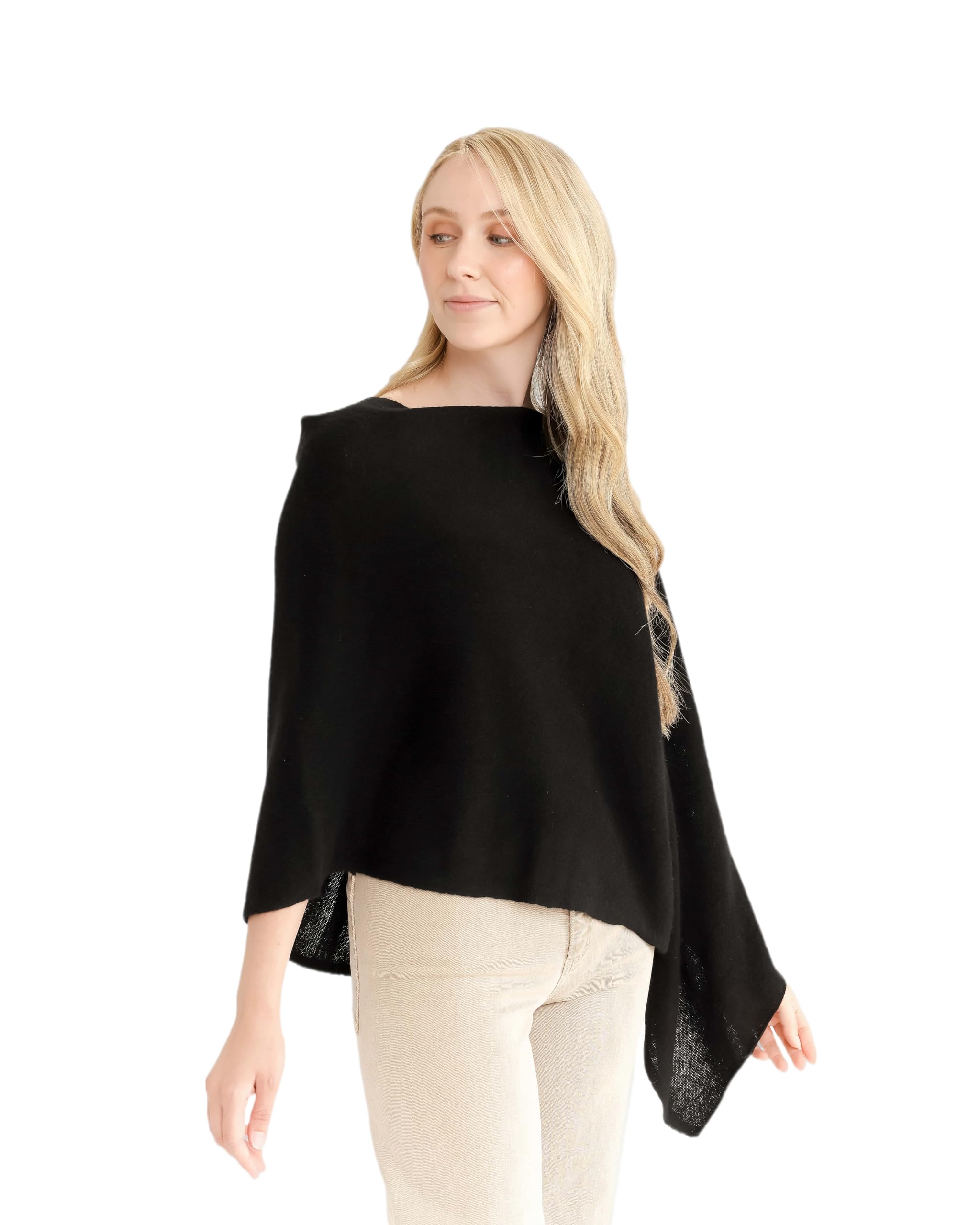 CLAUDIA NICHOLE by Alashan 100% Cashmere Luxe Dress Topper Poncho - Lightweight, Soft, Cozy & Versatile - One Size Fit with 60 Plus Colors- Great Gift Item - Black