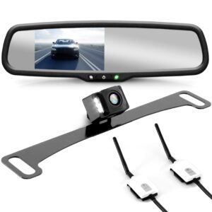 wireless backup rear view camera - waterproof license plate car parking rearview reverse safety/vehicle monitor system w/ 4.3” mirror video lcd, distance scale lines, night vision - pyle plcm4590wir