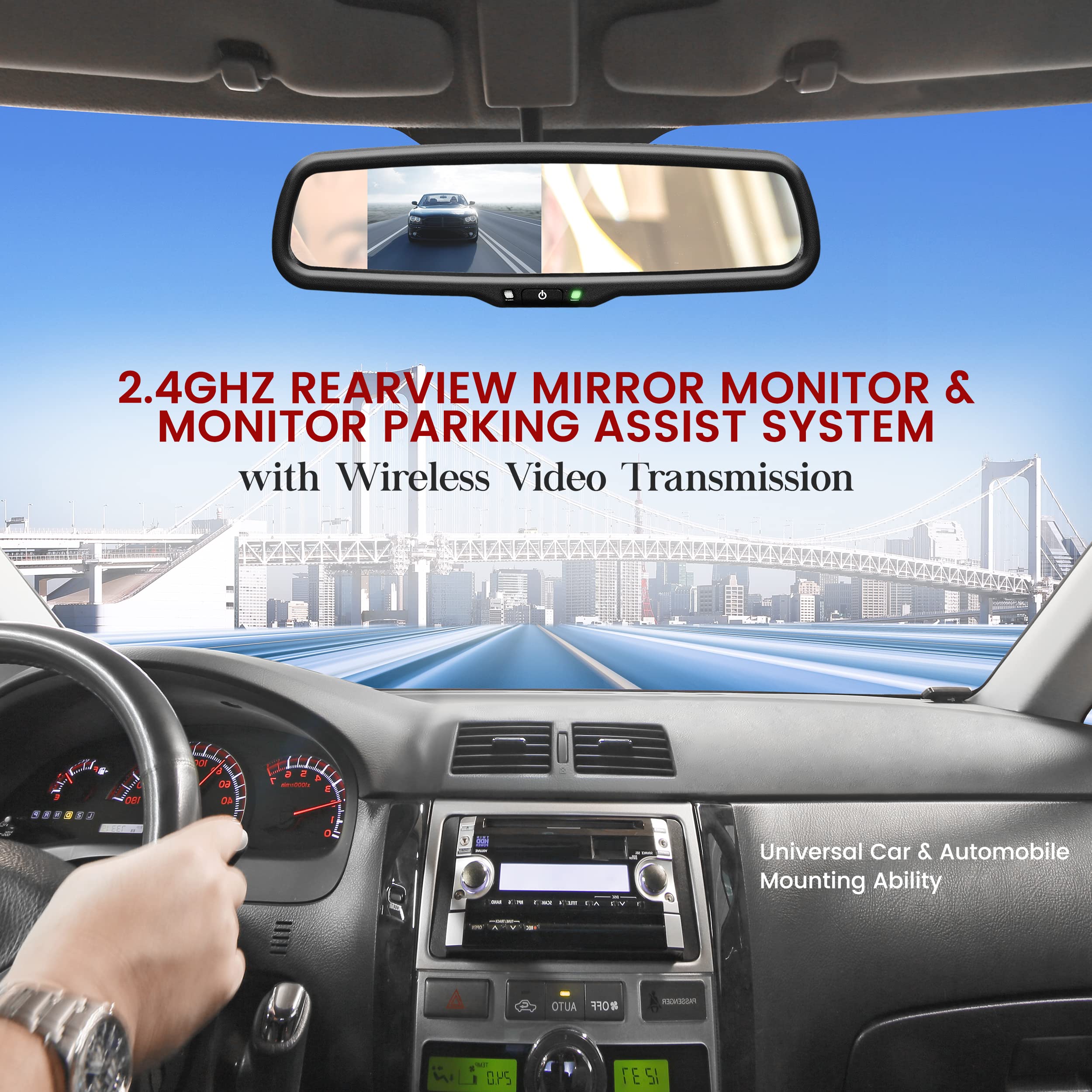 Wireless Backup Rear View Camera - Waterproof License Plate Car Parking Rearview Reverse Safety/Vehicle Monitor System w/ 4.3” Mirror Video LCD, Distance Scale Lines, Night Vision - Pyle PLCM4590WIR