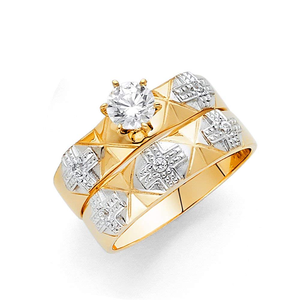 Jewels By Lux 14K White and Yellow Gold Two Tone Round Cubic Zirconia CZ Wedding Band and Engagement Bridal Ring Two Piece Set Size 6.5