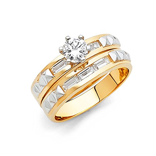 Jewels By Lux 14K White and Yellow Gold Two Tone Round Cubic Zirconia CZ Wedding Band and Engagement Bridal Ring Two Piece Set Size 5