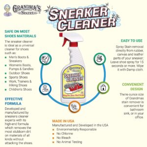 Grandma's Secret Sneaker Cleaner for Rubber, Canvas, Leather - Stain Remover Spray Removes Dirt, Grime, Grass - Shoes Cleaner for Outdoor Slippers, Moccasins - 16 oz, 2 Pack