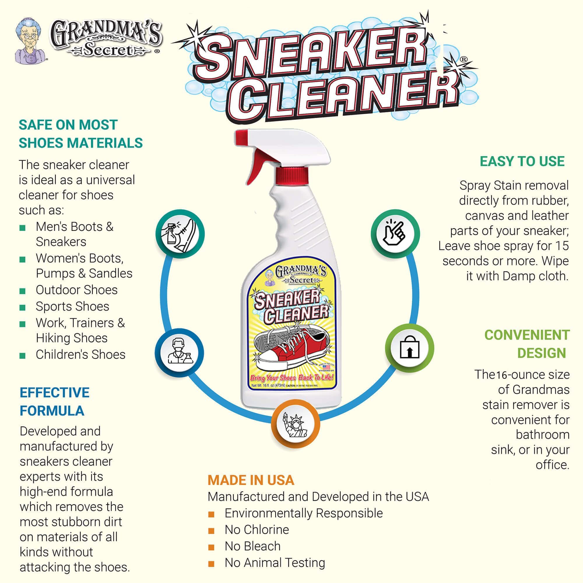 Grandma's Secret Sneaker Cleaner for Rubber, Canvas, Leather - Stain Remover Spray Removes Dirt, Grime, Grass - Shoes Cleaner for Outdoor Slippers, Moccasins - 16 oz, 2 Pack