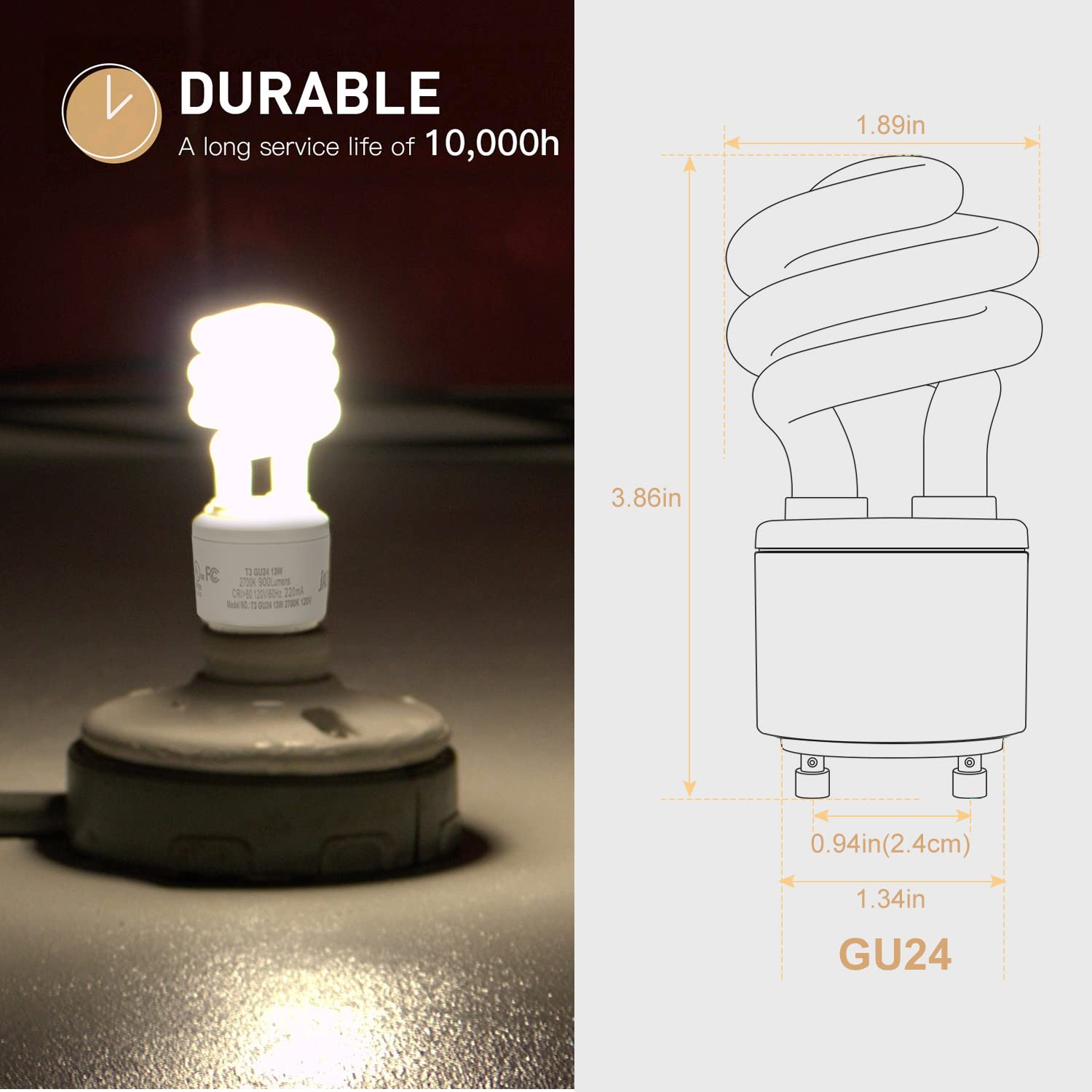 JACKYLED UL-Listed GU24 CFL Light Bulbs, T3 13W 2700K Warm White GU24 Base Compact Flourescent Bulbs, Energy Efficient 900lm Spiral Bulb, 2-Pack