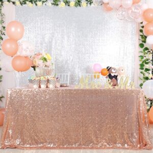 QueenDream Rectangle Tablecloth 90x132 Inch Rose Gold Sequin Table Cloth for Wedding Sweetheart Table Reception Table Birthday Party Cake Table Decoration