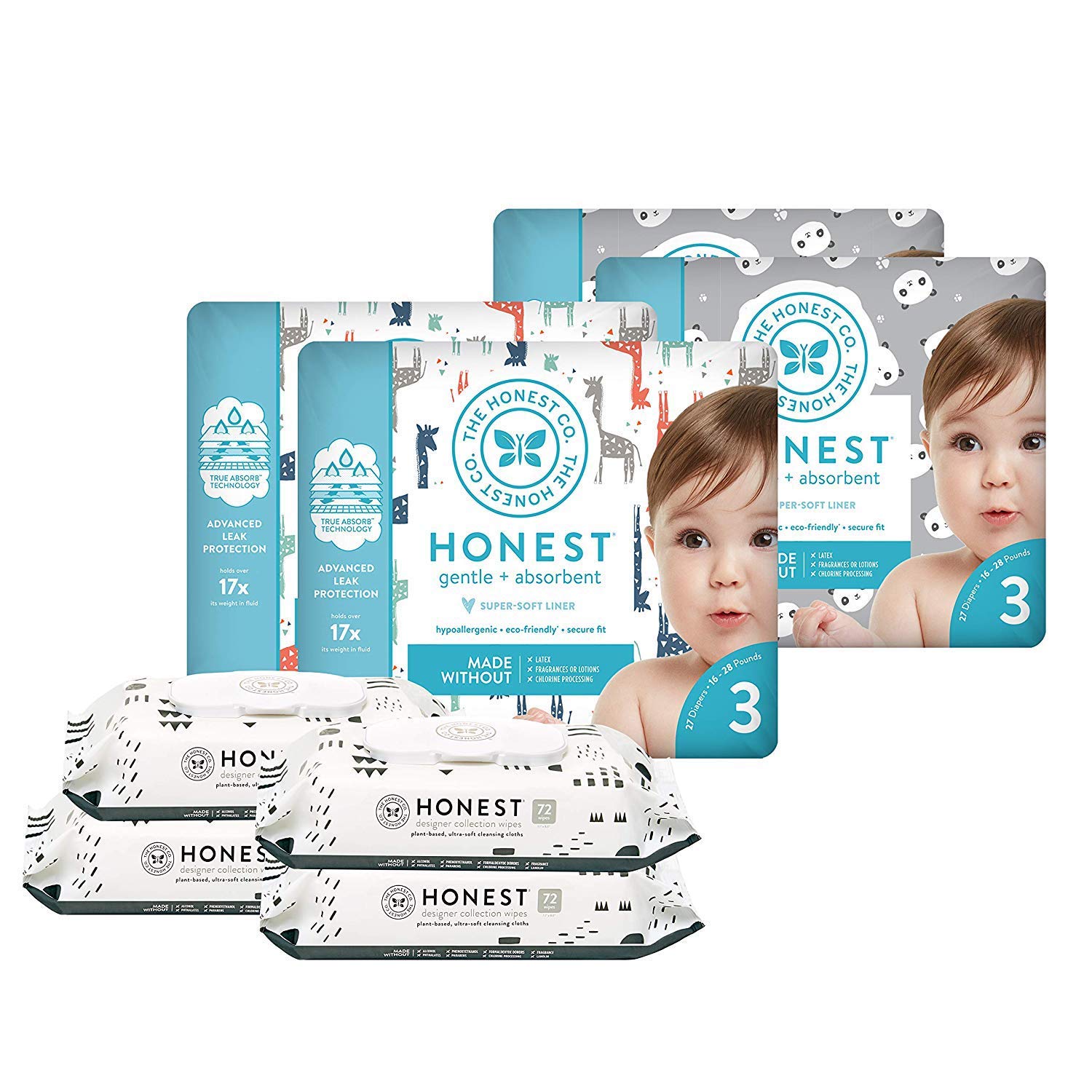 The Honest Company Super Duper Club Box with TrueAbsorb Baby Diapers & Honest Baby Wipes | Size 3 | Eco-Friendly Diapers | Hypoallergenic Wipes | Stylish Prints