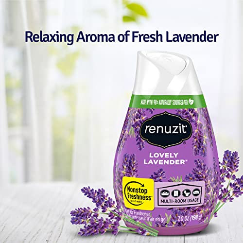 Renuzit Gel Solid Air Freshener, Lovely Lavender Scent, Nonstop Freshness, 12 Total Air Freshener Cones, brand is Renuzit.