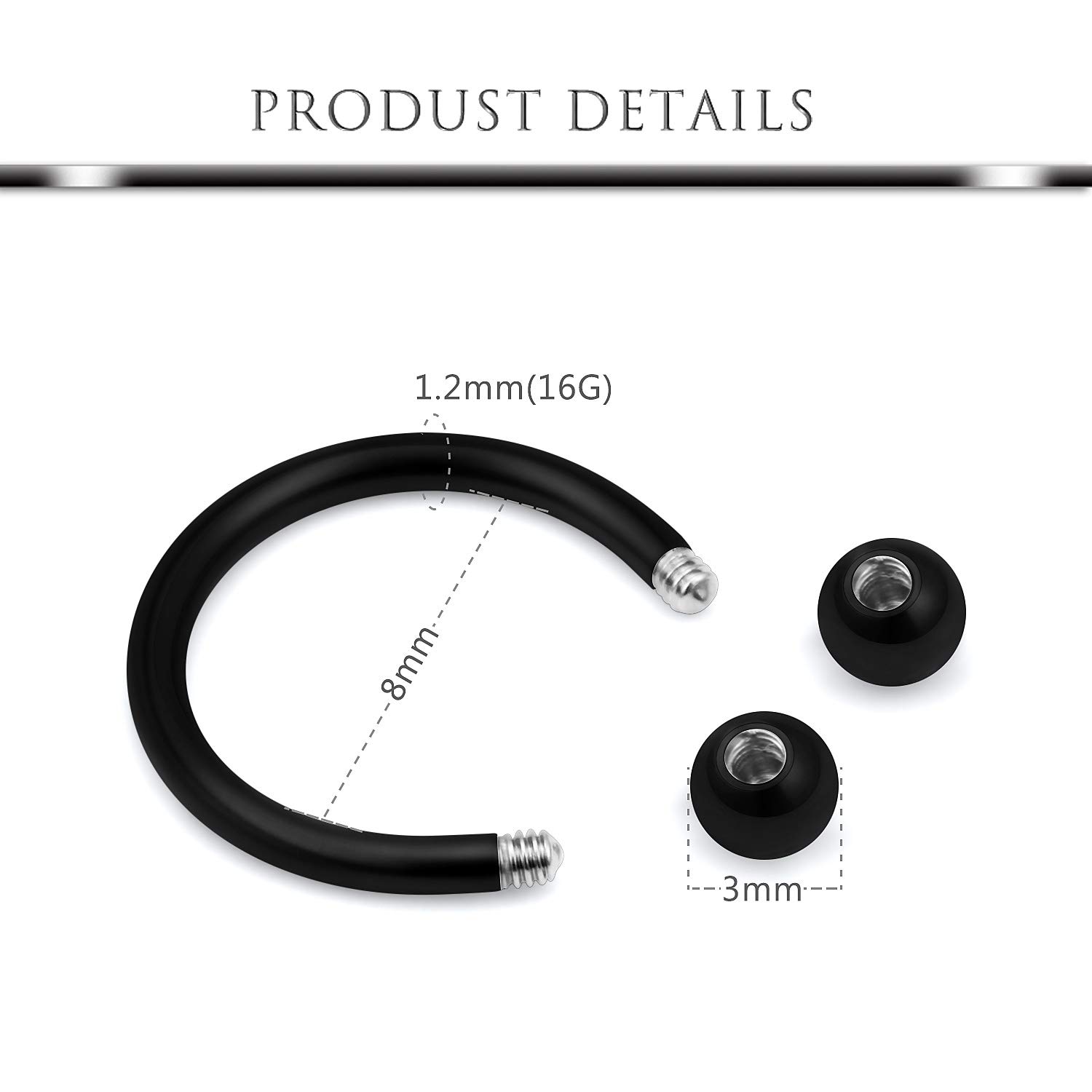 Hoeudjo Septum Hoop Nose Ring 16G Surgical Steel Circular Horseshoe Rings Piercing Jewelry with Cubic Zirconia Cartilage Helix Earring Barbell Retainer for Women Men 12 Pieces 8mm Black