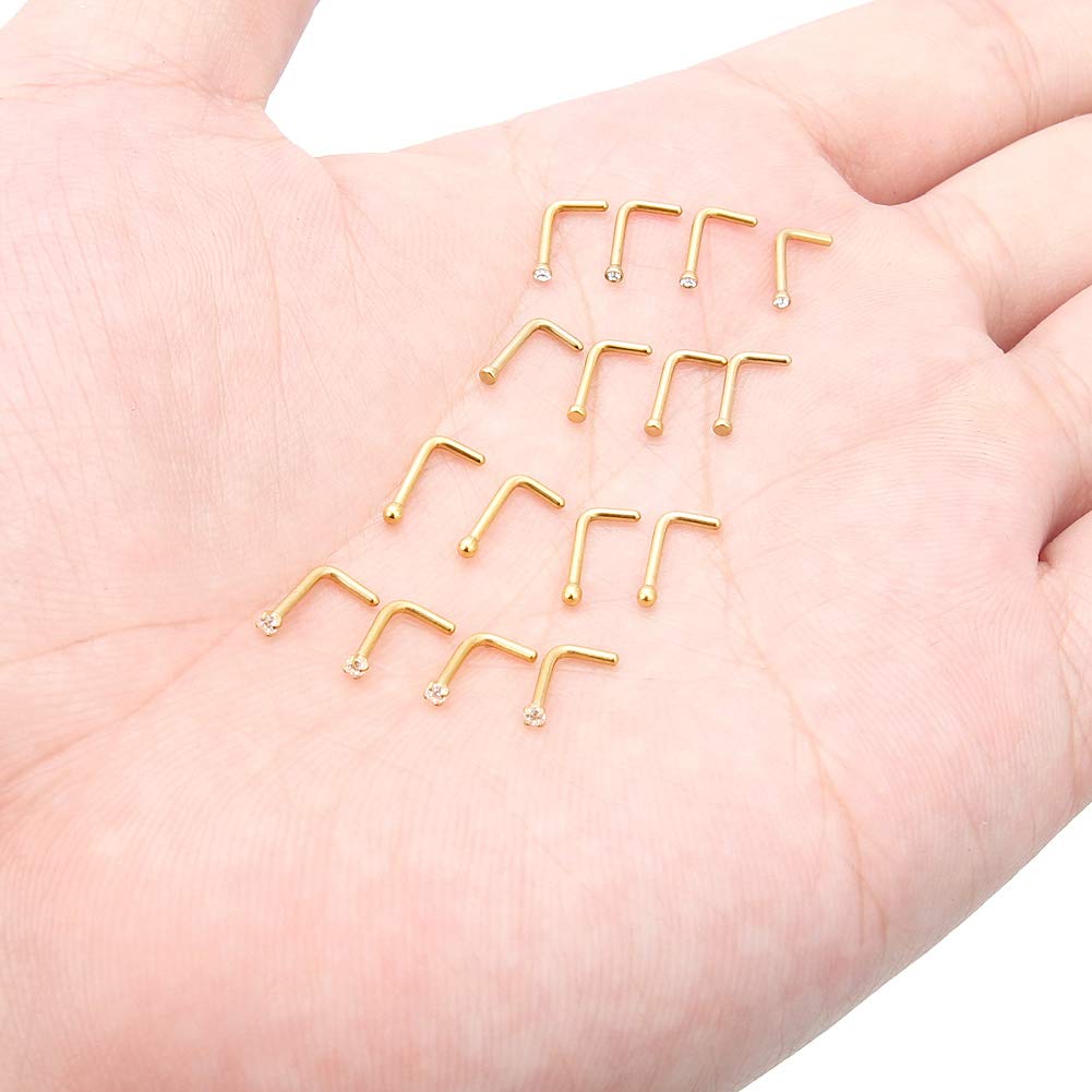 Hoeudjo Nose Rings L Shaped Nose Studs Surgical Steel 18G 1.5MM Clear Crystal Nostril Ring Body Piercing Jewelry for Women Men Gold-Tone 16 Pieces