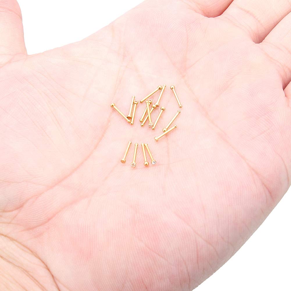 Hoeudjo Nose Studs Surgical Steel Cubic Zirconia Nose Rings Piercing Kit for Women Men Bone Nostril Rings Jewelry 20 Gauge with 1.5mm Ball Flat Gold Tone 16 Pieces