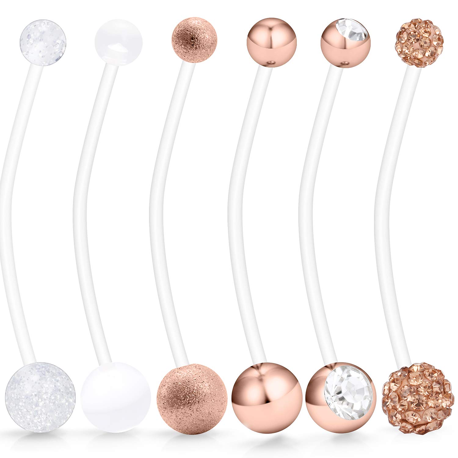 Hoeudjo 6Pcs Pregnancy Belly Button Rings Maternity Belly Button Rings Plastic Flexible Long Belly Rings for Pregnant Women 14G Rose Gold