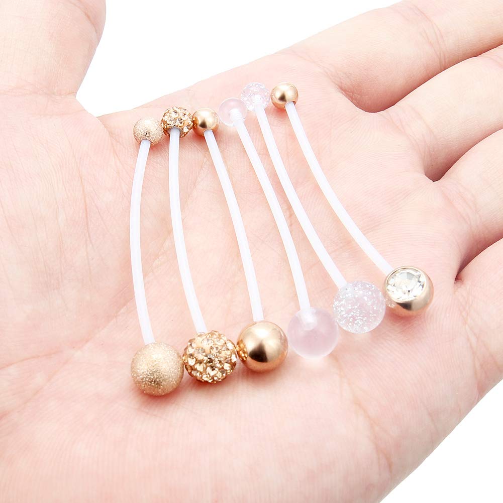 Hoeudjo 6Pcs Pregnancy Belly Button Rings Maternity Belly Button Rings Plastic Flexible Long Belly Rings for Pregnant Women 14G Rose Gold