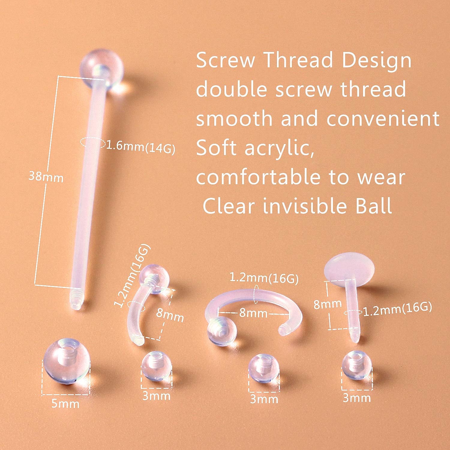 Hoeudjo Clear Cartilage Earrings Piercing Retainers 24Pcs Flexible Acrylic Helix Hoop Bioflex Nose Lip Stud Eyebrow Tragus Septum Horseshoe Rings Body Jewelry for Work