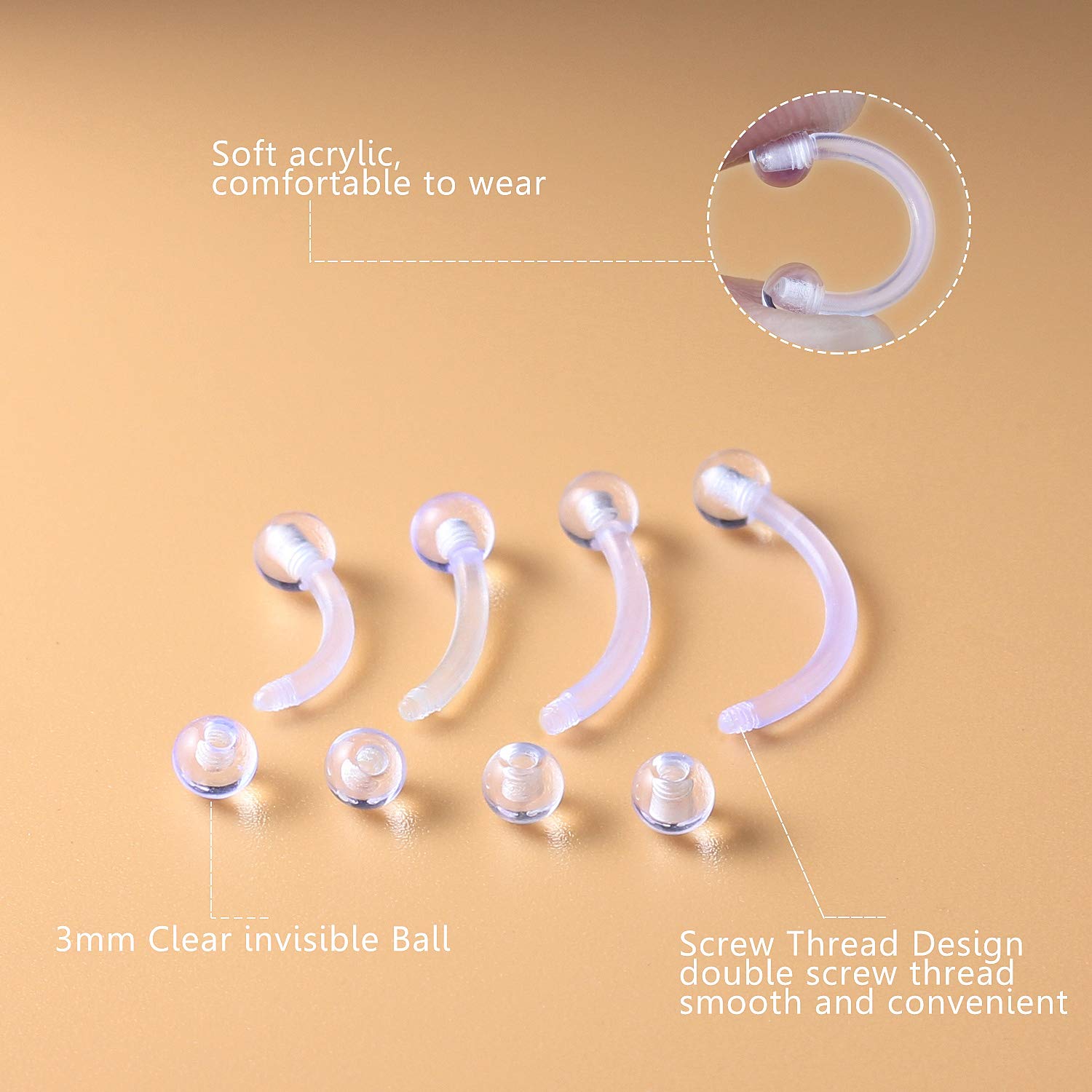 Hoeudjo Clear Flexible Curved Eyebrow Ring Piercing Retainer Cartilage Tragus Barbell Bioplast Retainers for Work 16 Pieces 16G