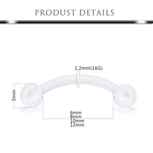 Hoeudjo Clear Flexible Curved Eyebrow Ring Piercing Retainer Cartilage Tragus Barbell Bioplast Retainers for Work 16 Pieces 16G