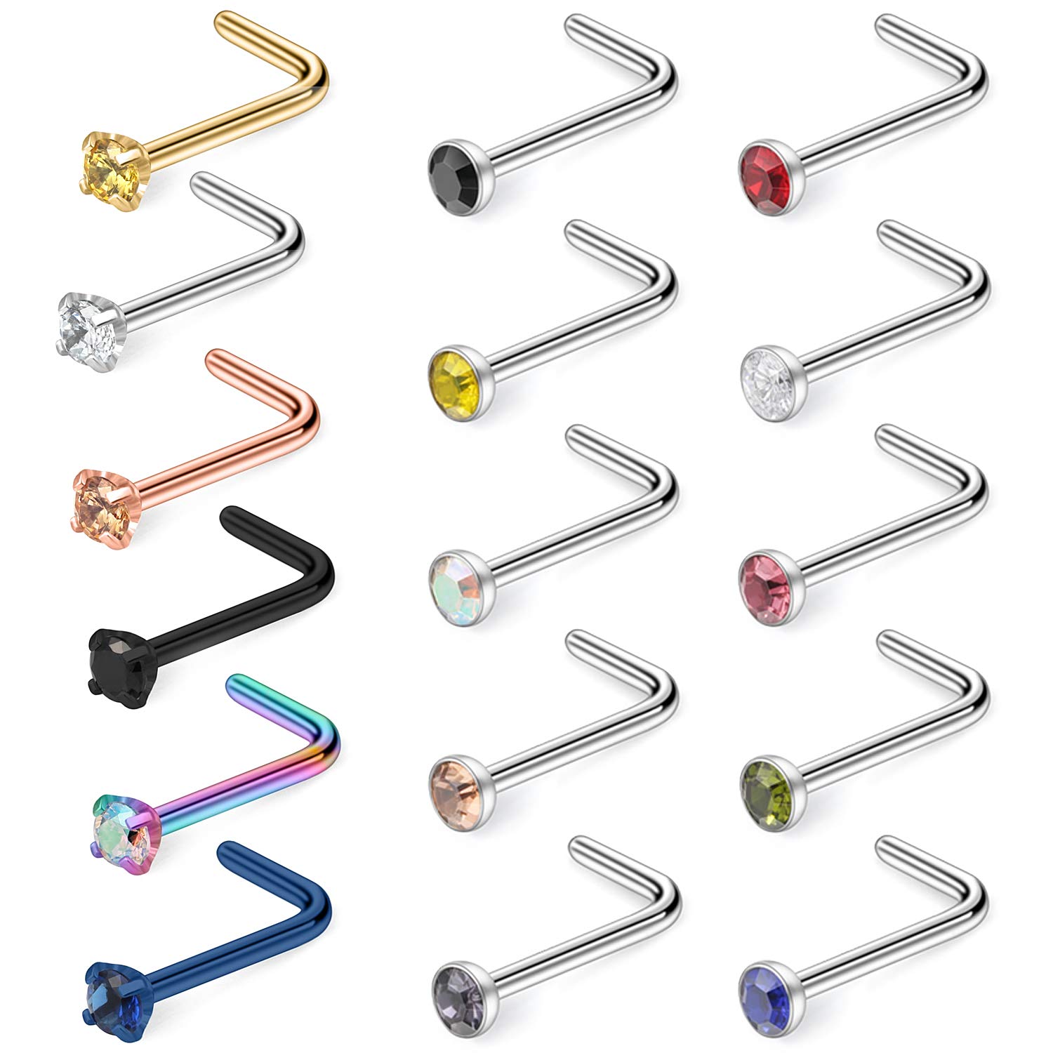 Hoeudjo 18G Surgical Steel Mix Color Diamond CZ Nose Stud Rings L Shaped Nostril Pin Piercing Jewelry for Women Men 2mm 16PCS Silver Rose Gold Black