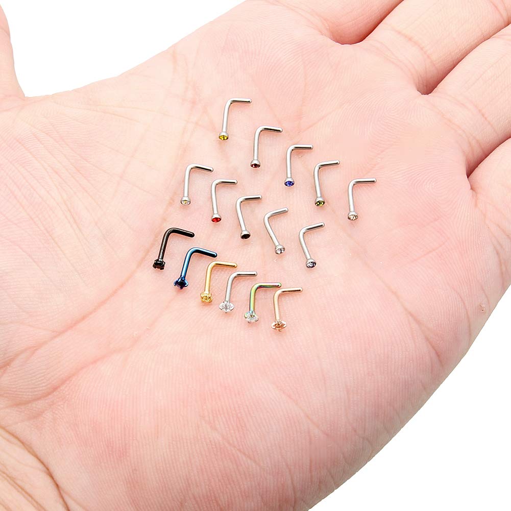 Hoeudjo 18G Surgical Steel Mix Color Diamond CZ Nose Stud Rings L Shaped Nostril Pin Piercing Jewelry for Women Men 2mm 16PCS Silver Rose Gold Black