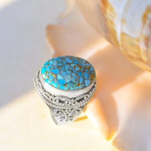 YoTreasure Blue Copper Turquoise Rope Design Ring Solid 925 Sterling Silver Gemstone Jewelry