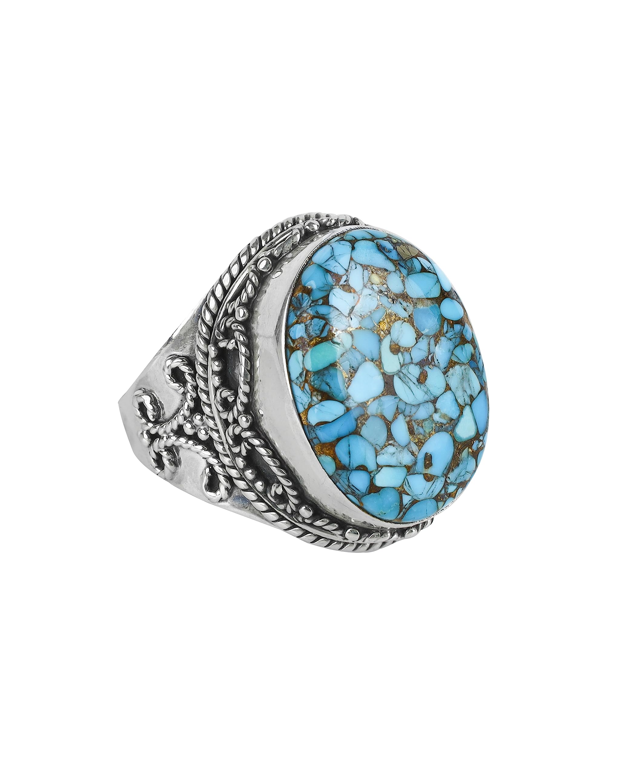 YoTreasure Blue Copper Turquoise Rope Design Ring Solid 925 Sterling Silver Gemstone Jewelry