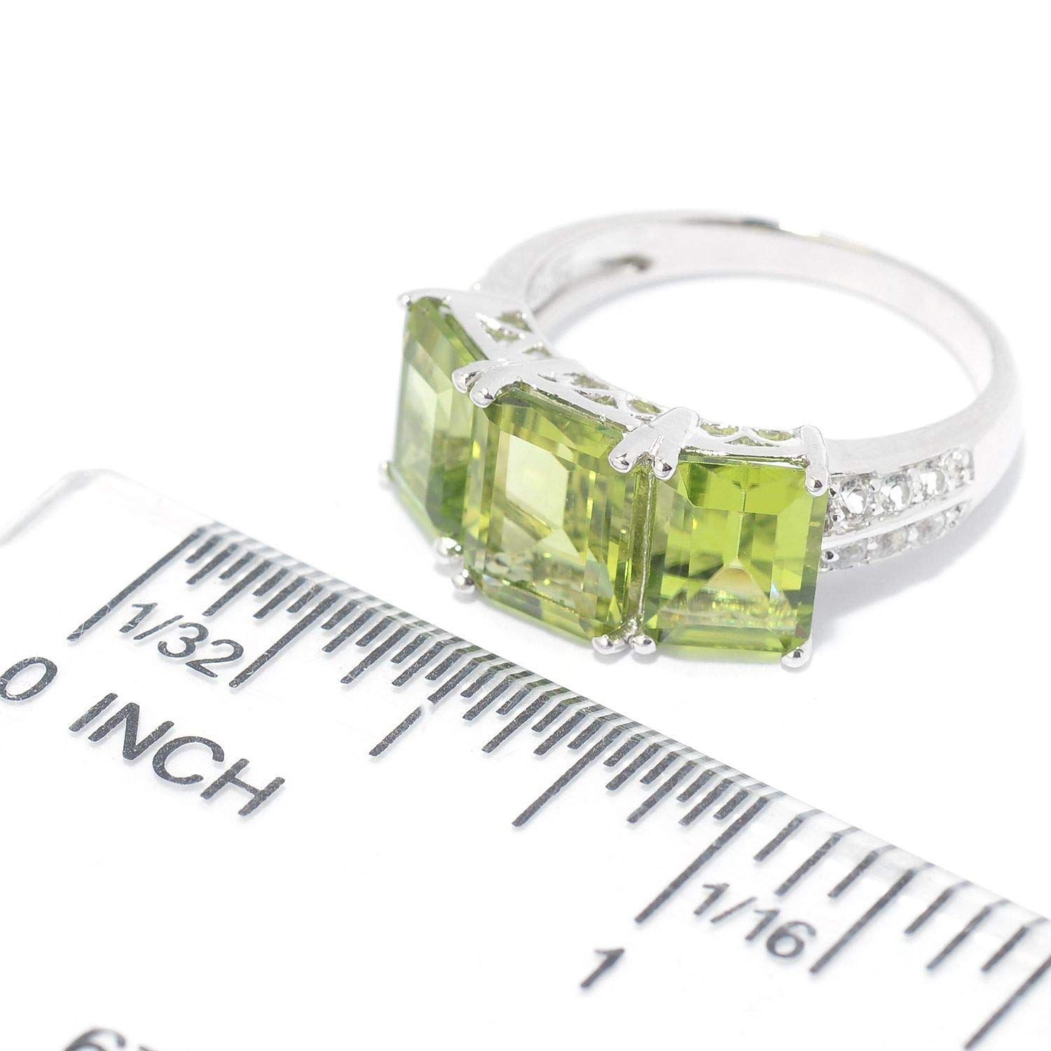 Pinctore Sterling Silver Emerald Cut Peridot & White Topaz Ring