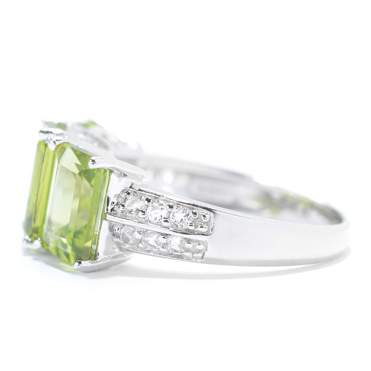 Pinctore Sterling Silver Emerald Cut Peridot & White Topaz Ring