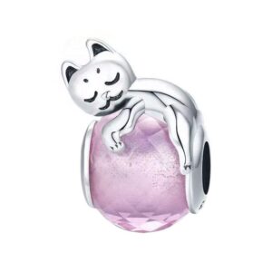 lovely animals charm 925 sterling silver animal charm beads for fashion charms bracelet & necklace (cute cat & pink glass)