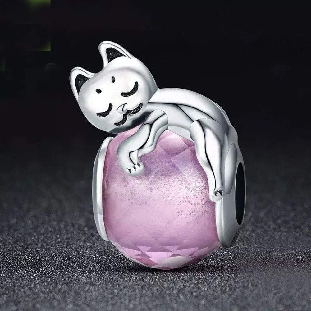 Lovely Animals Charm 925 Sterling Silver Animal Charm Beads for Fashion Charms Bracelet & Necklace (Cute Cat & Pink Glass)