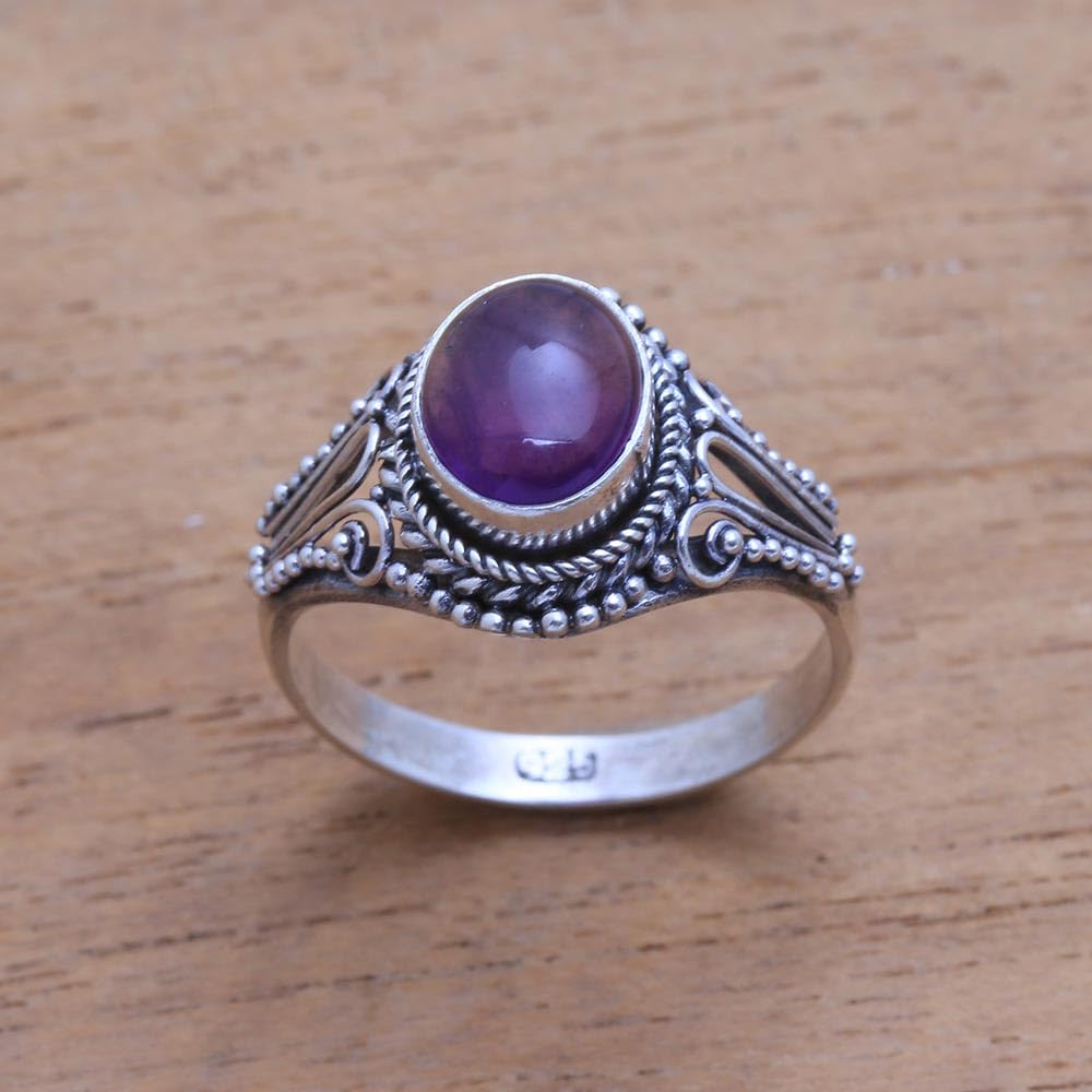 NOVICA Artisan Handmade Amethyst Singlestone Ring from Bali Sterling Silver Indonesia Birthstone Gemstone [ring Front 0.6 in H x 0.4 in W x 0.3 in D Band Width 3 mm W] ' Princess Gem'