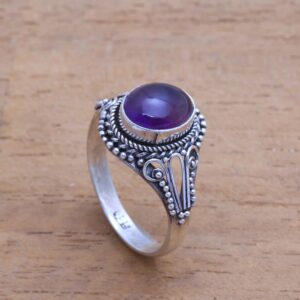 NOVICA Artisan Handmade Amethyst Singlestone Ring from Bali Sterling Silver Indonesia Birthstone Gemstone [ring Front 0.6 in H x 0.4 in W x 0.3 in D Band Width 3 mm W] ' Princess Gem'