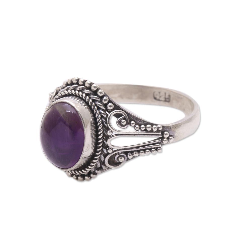 NOVICA Artisan Handmade Amethyst Singlestone Ring from Bali Sterling Silver Indonesia Birthstone Gemstone [ring Front 0.6 in H x 0.4 in W x 0.3 in D Band Width 3 mm W] ' Princess Gem'