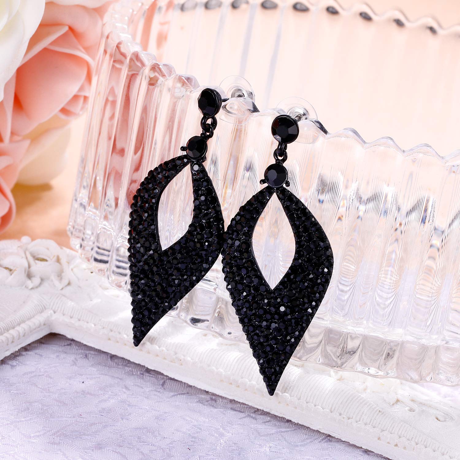 BriLove Wedding Earrings for Women Crystal Hollow Leaf Chandelier Earrings Black Black-Tone