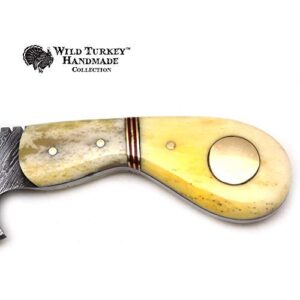 Wild Turkey Handmade Damascus Steel Color Bone Handle Fixed Blade Full Tang Skinner Knife w/Leather Sheath Hunting Camping Fishing Outdoor (Bone)