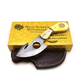 wild turkey handmade damascus steel color bone handle fixed blade full tang skinner knife w/leather sheath hunting camping fishing outdoor (bone)