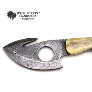 Wild Turkey Handmade Damascus Steel Color Bone Handle Fixed Blade Full Tang Skinner Knife w/Leather Sheath Hunting Camping Fishing Outdoor (Bone)