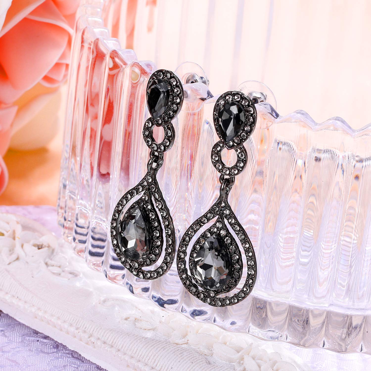 BriLove Wedding Bridal Dangle Earrings for Women Crystal Teardrop Infinity Chandelier Earrings Grey Black-Silver-Tone