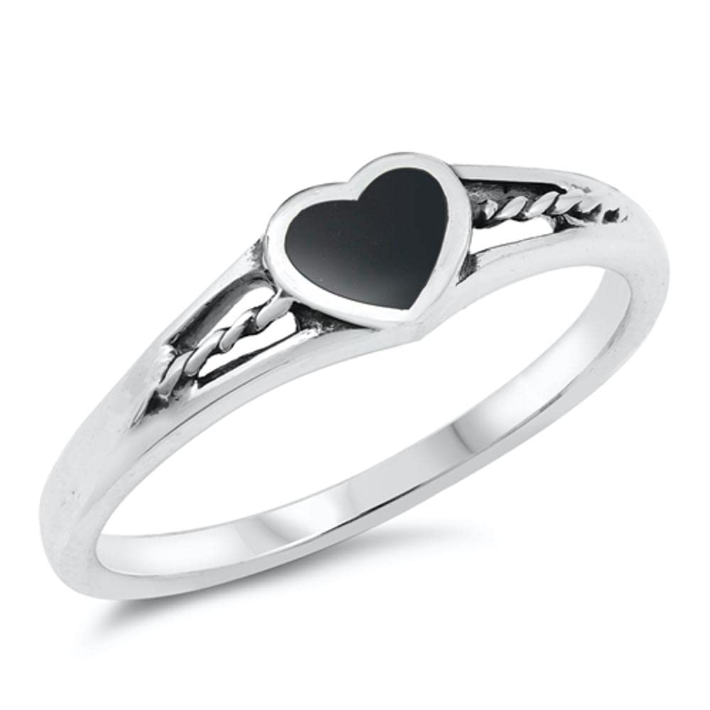 Simulated Black Onyx Heart Rope Knot Forever Ring New .925 Sterling Silver Band Size 5