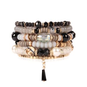 RIAH FASHION Bead Multi Layer Versatile Statement Bracelets - Stackable Beaded Strand Stretch Bangles Sparkly Crystal Mix, Tassel Charm (Black)