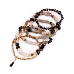 RIAH FASHION Bead Multi Layer Versatile Statement Bracelets - Stackable Beaded Strand Stretch Bangles Sparkly Crystal Mix, Tassel Charm (Black)