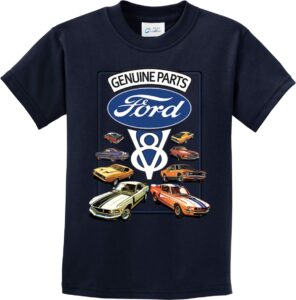 ford mustang v8 collection youth kids shirt, navy small