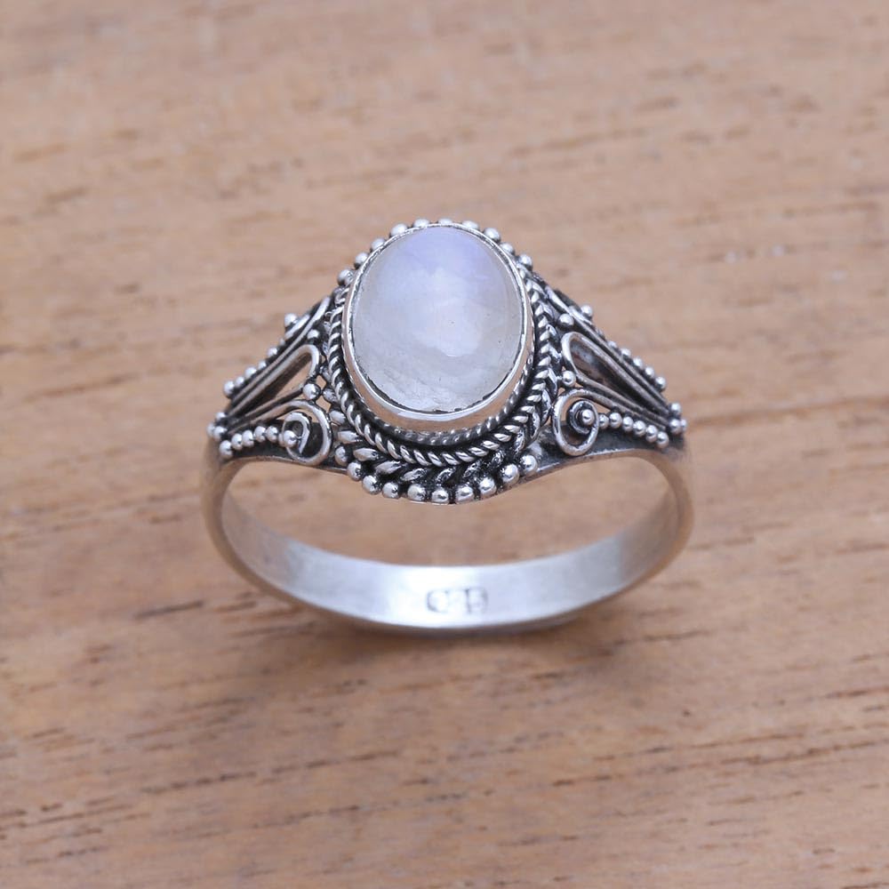 NOVICA Artisan Handmade Rainbow Moonstone Singlestone Ring from Bali .925 Sterling Silver Indonesia Gemstone 'Princess Gem'