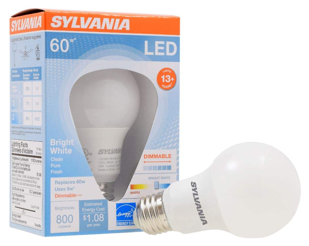 SYLVANIA A19 LED Light Bulb, 9W, 60W Equivalent, 13 Year, Dimmable, 800 Lumens, 3500K, Bright White - 1 Pack (71185)