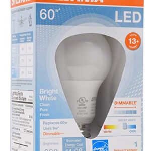 SYLVANIA A19 LED Light Bulb, 9W, 60W Equivalent, 13 Year, Dimmable, 800 Lumens, 3500K, Bright White - 1 Pack (71185)